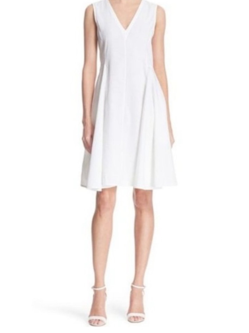 Theory Off-White V-Neck Linen Blend A-Line Midi Dress